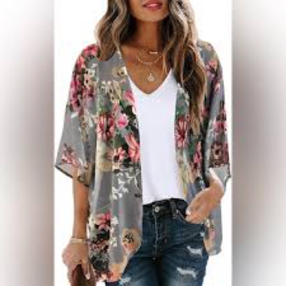 Floral Sheer Kimono Cardigan - Gray and Pink